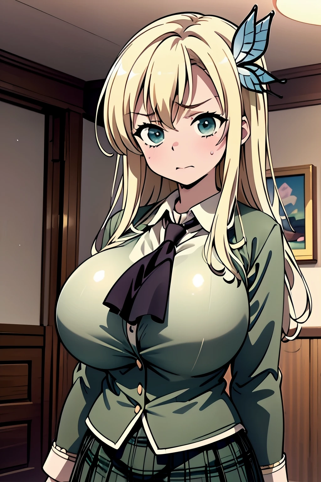 (masterpiece, best quality), he says, long hair, hair ornament, large breasts, black neckerchief, blazer, green jacket, plaid skirt, green skirt, (huge breasts:1.2),(round breasts),slender,Big sticking forward,((breast focus)),(Long breasts),sweat,frustrated,Upper Body