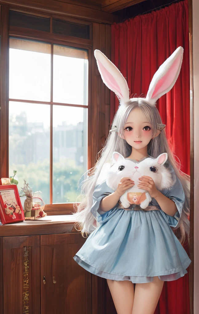 On a bright red campus"YES"Character、beautiful illustration, best quality, cute girl, bedroom, pastel color, fluffy bunny ears, , silver long hair, rabbit stuffed toy, bright lighting, light pink eyes