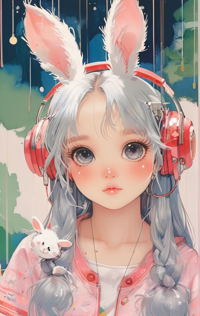 On a bright red campus"YES"Character、beautiful illustration, best quality, cute girl, bedroom, pastel color, fluffy bunny ears, , silver long hair, rabbit stuffed toy, bright lighting, light pink eyes