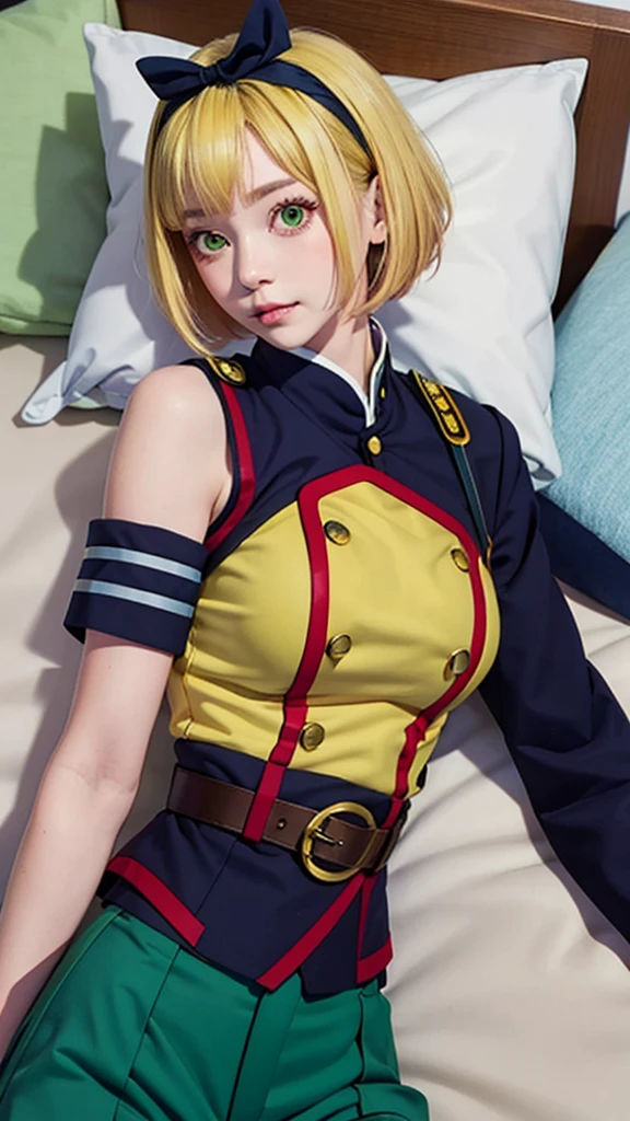 masterpiece, best quality, (uniform:1.5),  without sleeves, upper body, lying in bed, belt,  Shushu Suruga, shorts, 1girl, yellow hair, green eyes, looking at viewer, short hair, medium breast, hairband, bangs