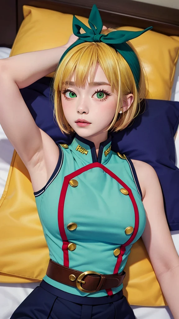 masterpiece, best quality, (uniform:1.5),  without sleeves, upper body, lying in bed, belt,  Shushu Suruga, shorts, 1girl, yellow hair, green eyes, looking at viewer, short hair, medium breast, hairband, bangs