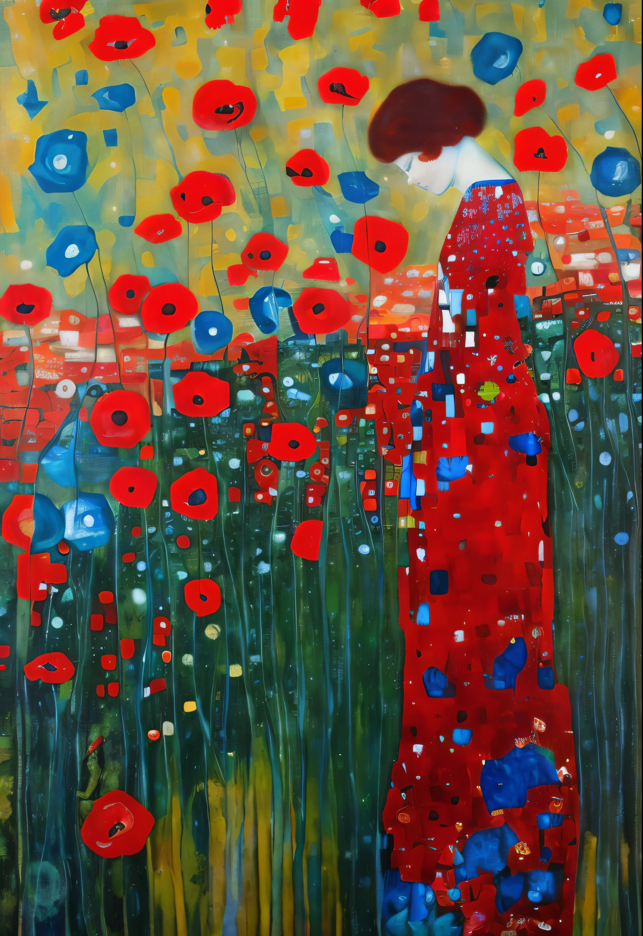 painting of a woman in a red dress standing in a field of flowers, inspired by Gustav Klimt, inspired by Klimt, by Shao Mi, poppies, breathtaking art, a goddess in a field of flowers, whimsical art, red poppies, femme, intricate oil painting artwork, inspired by Alexander Deyneka, in a field of flowers