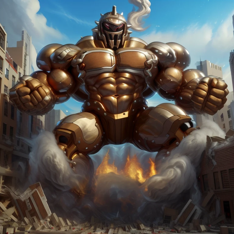 SOLO (masterpiece. official art. 8k. best quality. detailed full body. full body.)
(situation 1 : dominating Armored Flazzard. Armored Flazzard is over 1000 meters long. focus GIANT mechanical Muscular Armored Flazzard is trampling the city. Looking down. macro. stomp. Low-angle perspective. emphasizing the immense size.)
(situation 2 :smoke and flames rising from the destruction in the city)
(Additional details 1: real texture material. whole body shines like metal. emphasizes the muscles. suit fully made of metal.).
(Additional details 2: Detailed head. Detailed Body. Detailed abs. gigantic muscles. HYPER MUSCLES. Gigachad Muscular. big muscle. pecs. triceps. traps. unusually developed muscular body. body full of huge muscles. showing off muscles. pectorales enormes. Exaggeratedly huge muscles. huge muscles. long legs.).