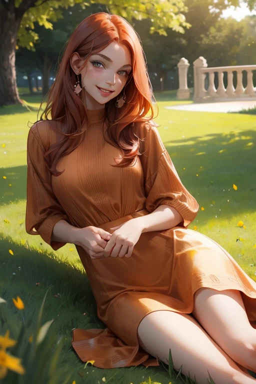 perfect face, perfect hands. A copper haired woman with copper eyes and small breasts in a summer dress is laying on the grass at night in the park with a big smile