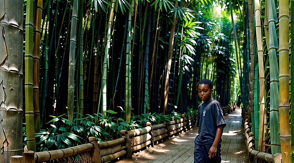 image of a black male ager, 12 yearing a dark gray long-sleeved shirt = no pattern - short curly hair - long pants and straw sandals, - looking in profile at the bamboo grove, - running slowly towards the camera alone on the path = Image of butterflies Blue morpho - butterfly flying next to species butterfly flying - - Blue morpho - butterfly flying next to and - bamboo forest