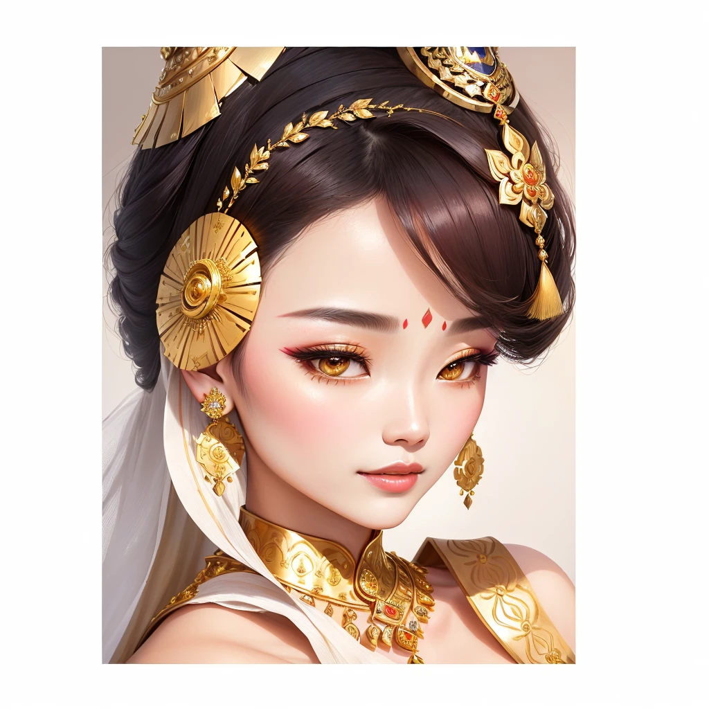 a close up of a woman with a gold head piece and earrings, south east asian with round face, traditional beauty, traditional makeup, traditional female hairstyles, nivanh chanthara, south east asian with long, traditional, dilraba dilmurat, imperial and elegant hair style, patiphan sottiwilaiphong, gold adornments