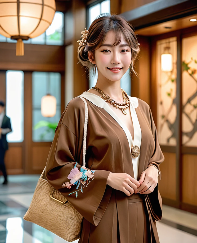 ((8K:1.27)、Highest quality、masterpiece、Ultra-high resolution:1.2)Photo Beautiful Japan woman (comfortable:1.1) (Brown clothes:1.21) Designed by Greg Rutkowski and Alphonse Mucha: Exquisite Elegance、Fantasy、detailed、geometry、Gradient lighting、One Girl、Delicate skin、Looking at the audience、Brown eyes、(flaxen shorthair:1.2)、(Medium Chest:1.0)、(Central areola:0.8)、(Realistic:1.4)、(Highest quality:1.0)、(Ultra-high resolution:1.0)、(Without the use of hands:1.0)、8K、RAW Photos、 (Representative Song: 0.2), (PurerosFace_v1:0.5)、necklace、tote bag、Office Building Lobby、smile、See through、かわいいsmile、With collar、Thin fabric、