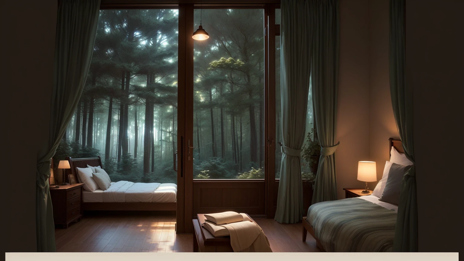 There is a bed in front of the window,There is a book on it, Comfortable place, Comfortable room, comfortable environment, Comfortable and peaceful atmosphere, Comfortable atmosphere, Comfortable wallpaper, Comfortable and calm, Cozy aesthetics, Comfortable atmosphere, Magical environment, Comfortable atmosphere, Warm home background, comfortable environment, Dreamy atmosphere, Comfortable atmosphere, Comfortable bed, The forest can be seen through the large windows at night