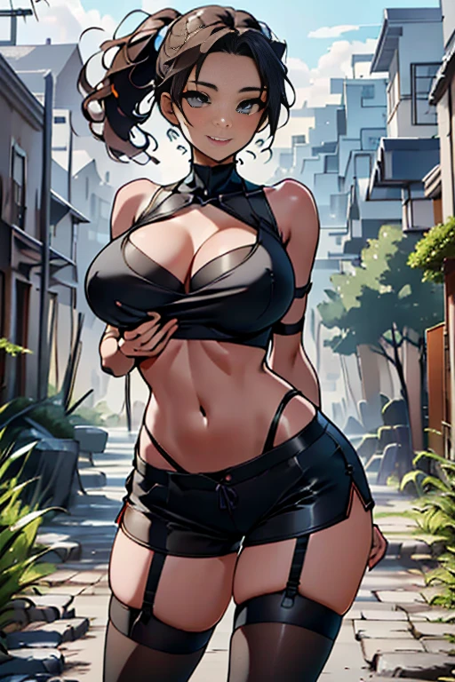 (dynamic angle:1.3, front view:1.1, ????????????:1.3, from below:1.2), (dynamic posing:1.2, ???? posing:1.2), (seductive smiling:1.3), highest quality、(real、photorealistic:1.4),(ultra high resolution, 8K RAW photo, clear focus), best qualtiy, natural lighting, field depth, (Bright pupils, detailed beautiful blue eyes, high detailed face), (tight focus:1.2), a girl 28yo old, Thicc, thin ??????, long hair, blue eyes,garter stocking, cleavage:1.2, midriff, black shorts, black thighhighs, thigh strap, pretty girl, (highly detailed beautiful face and eyes,firm ???????),real skin,((black,hair,long pony tail hair)),thin pubic hair,cute,lovely, detailed eyes,(double breasted:1.0,under bust:1.0),(with sparkling eyes and a contagious smile),soft open mouth, Looking at Viewer,
