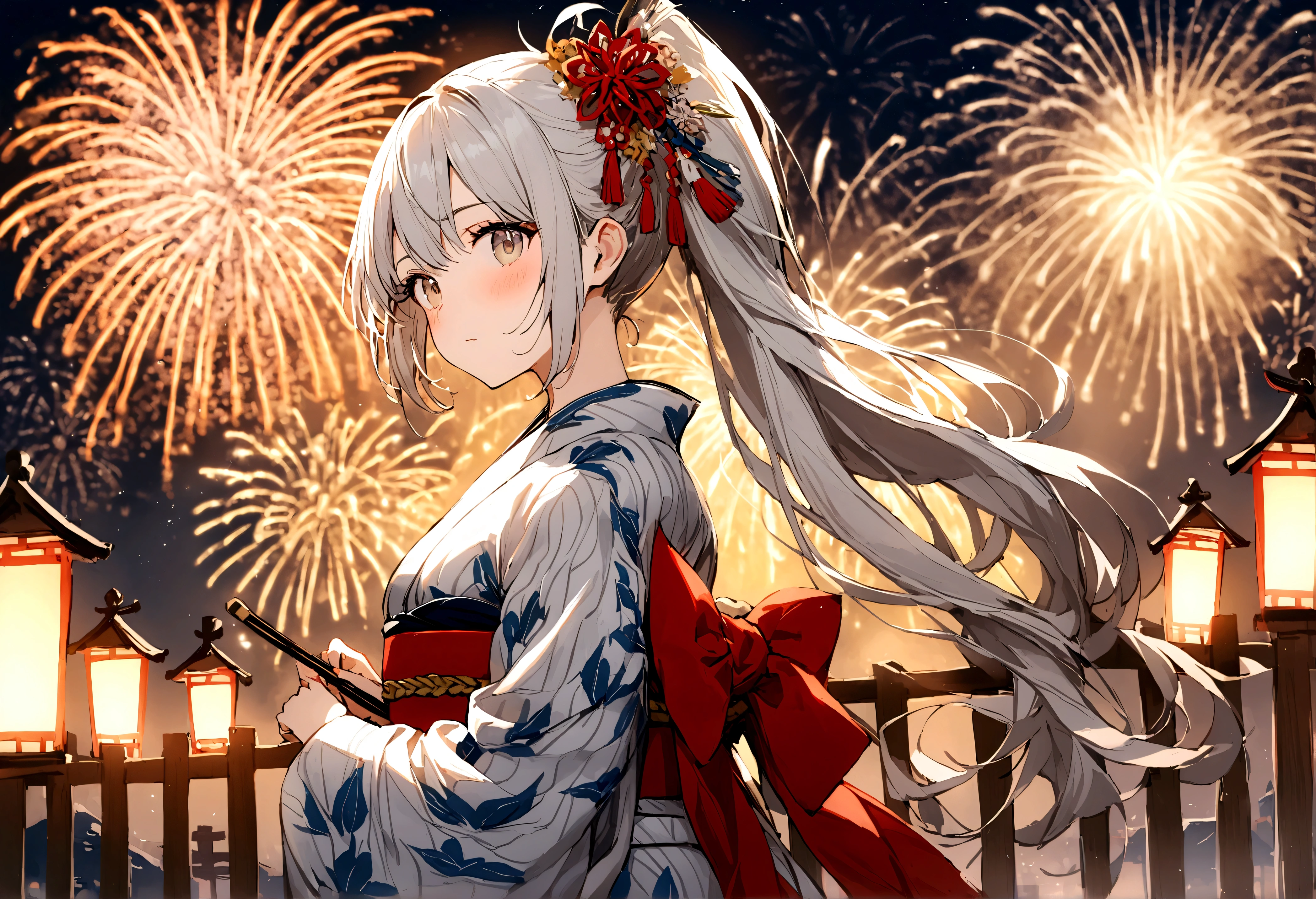 1 girl，KasuganoSora， Sora，white gray hair，long double ponytail，Kimono Yukata，The Peak，fireworks