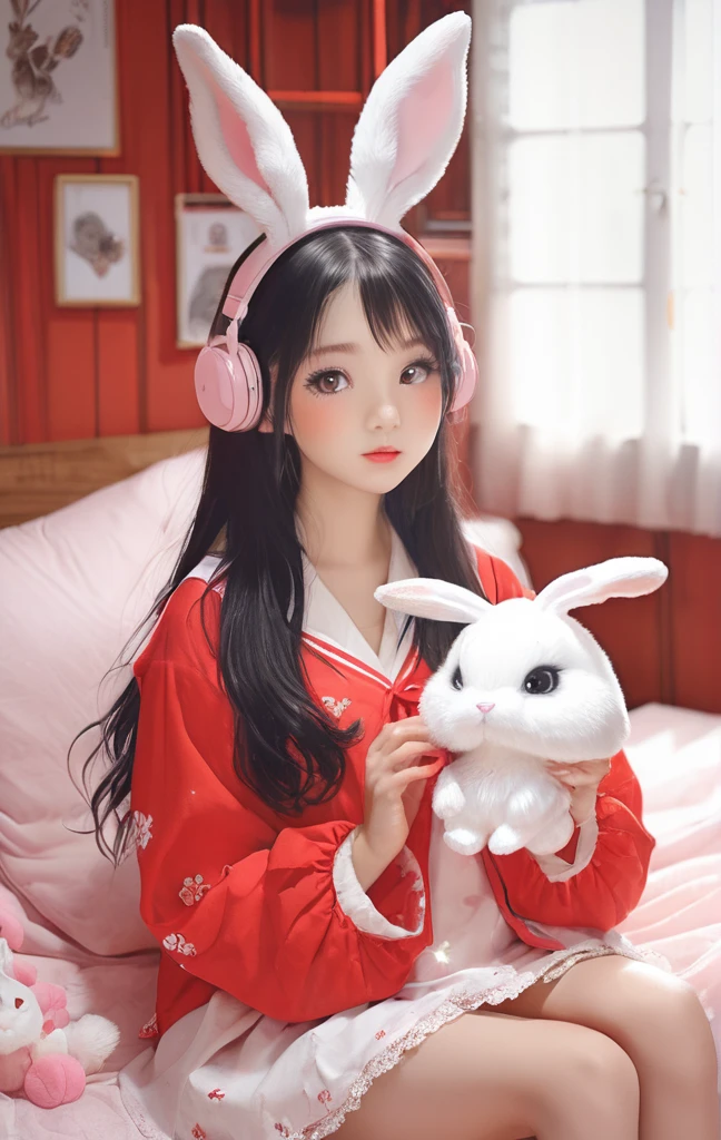On a bright red campus"YES"Character、beautiful illustration, best quality, cute girl, bedroom, pastel color, fluffy bunny ears, , silver long hair, rabbit stuffed toy, bright lighting, light pink eyes