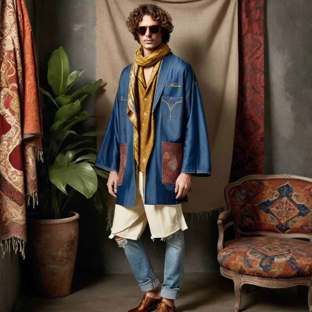 Two male models are posing in a richly decorated environment that evokes a vintage and bohemian vibe. The standing model is positioned on the left, wearing a blue denim kimono-style jacket adorned with intricate ethnic patterns and distressed edges. Underneath, he has a loose-fitting rust-colored shirt, accessorized with layered necklaces and a mustard yellow scarf tied around his neck. He pairs this with light-washed, slightly flared jeans and woven brown shoes. His curly hair adds to the laid-back, retro aesthetic. The seated model on the right is dressed in a mustard-colored, short-sleeved shirt with red details at the sleeves, paired with distressed jeans featuring patchwork and embroidery. He completes his look with a long, patterned scarf draped around his neck and retro-style sunglasses. His wavy hair cascades around his face, enhancing the 70s vibe.
The setting is an indoor space with an opulent backdrop of tapestries and textiles featuring floral and geometric patterns, predominantly in shades of red, blue, and cream. The walls and ceiling are draped with these richly decorated fabrics, creating an immersive, eclectic atmosphere. There are large potted plants adding a touch of greenery, and the floor is layered with various rugs and cushions in complementary patterns, providing a cozy, layered texture to the scene. The composition is balanced with the standing model on the left and the seated model on the right, creating a dynamic visual flow. The lighting is soft and diffused, enhancing the textures and colors of the fabrics and the models' outfits. This lighting setup suggests a late afternoon or indoor studio environment, with light filtering through curtains or softboxes to avoid harsh shadows. The photograph appears to be taken with a medium format camera, which captures high detail and depth. A slight upward angle is used to emphasize the height and presence of the standing model while keeping the seated model within the frame.