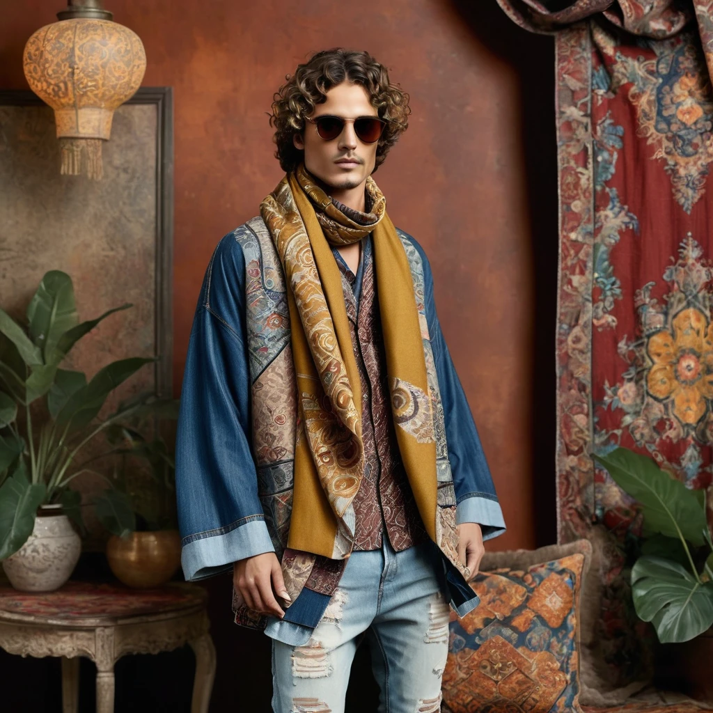Two male models are posing in a richly decorated environment that evokes a vintage and bohemian vibe. The standing model is positioned on the left, wearing a blue denim kimono-style jacket adorned with intricate ethnic patterns and distressed edges. Underneath, he has a loose-fitting rust-colored shirt, accessorized with layered necklaces and a mustard yellow scarf tied around his neck. He pairs this with light-washed, slightly flared jeans and woven brown shoes. His curly hair adds to the laid-back, retro aesthetic. The seated model on the right is dressed in a mustard-colored, short-sleeved shirt with red details at the sleeves, paired with distressed jeans featuring patchwork and embroidery. He completes his look with a long, patterned scarf draped around his neck and retro-style sunglasses. His wavy hair cascades around his face, enhancing the 70s vibe.
The setting is an indoor space with an opulent backdrop of tapestries and textiles featuring floral and geometric patterns, predominantly in shades of red, blue, and cream. The walls and ceiling are draped with these richly decorated fabrics, creating an immersive, eclectic atmosphere. There are large potted plants adding a touch of greenery, and the floor is layered with various rugs and cushions in complementary patterns, providing a cozy, layered texture to the scene. The composition is balanced with the standing model on the left and the seated model on the right, creating a dynamic visual flow. The lighting is soft and diffused, enhancing the textures and colors of the fabrics and the models' outfits. This lighting setup suggests a late afternoon or indoor studio environment, with light filtering through curtains or softboxes to avoid harsh shadows. The photograph appears to be taken with a medium format camera, which captures high detail and depth. A slight upward angle is used to emphasize the height and presence of the standing model while keeping the seated model within the frame.