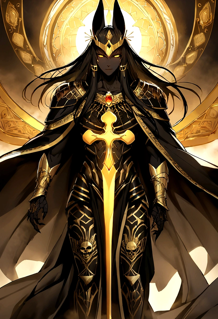 Anubis, the Jackal God, is a striking figure draped in ornate, obsidian black and gold armor that gleams with an otherworldly sheen. His head is that of a sleek black jackal, with piercing, glowing amber eyes that seem to see into the souls of the living and the dead. His muscular body is adorned with intricate hieroglyphic tattoos that shimmer with a ghostly light. He wields a staff topped with an ankh and a curved khopesh sword, both emanating a faint, eerie glow. His long, regal cloak flows behind him, lined with symbols of protection and passage. Anubis exudes an aura of solemn authority and ancient power, embodying the mysteries of the afterlife and the eternal balance between life and death