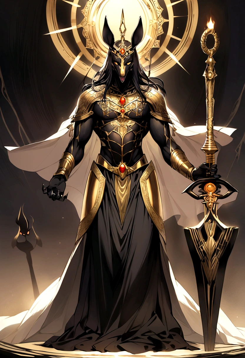 Anubis, the Jackal God, is a striking figure draped in ornate, obsidian black and gold armor that gleams with an otherworldly sheen. His head is that of a sleek black jackal, with piercing, glowing amber eyes that seem to see into the souls of the living and the dead. His muscular body is adorned with intricate hieroglyphic tattoos that shimmer with a ghostly light. He wields a staff topped with an ankh and a curved khopesh sword, both emanating a faint, eerie glow. His long, regal cloak flows behind him, lined with symbols of protection and passage. Anubis exudes an aura of solemn authority and ancient power, embodying the mysteries of the afterlife and the eternal balance between life and death