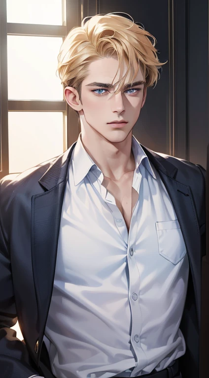 (best quality, masterpiece, 8K, photorealistic, cinematic lighting, 1:4 hdr image, ultra detailed, beautiful image), a mature man, 34 years very handsome, ((cold expression)), short golden hair, blue eyes, face perfect without mistakes, ((buttoning his jacket, CEO))