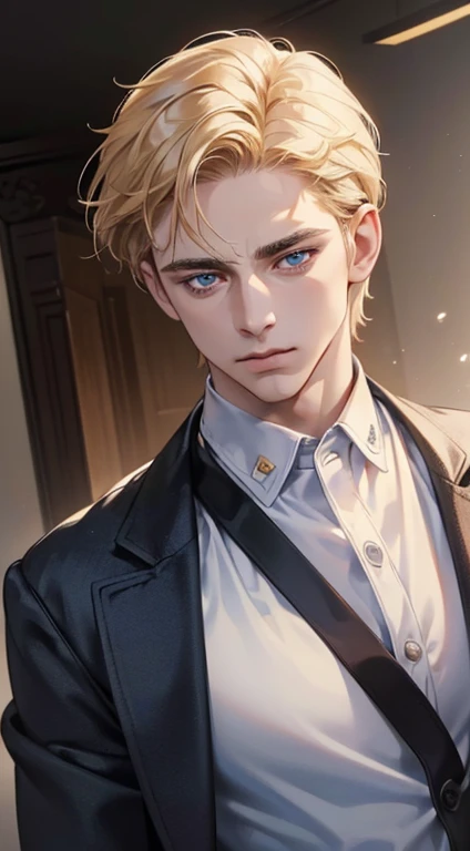 (best quality, masterpiece, 8K, photorealistic, cinematic lighting, 1:4 hdr image, ultra detailed, beautiful image), a mature man, 34 years very handsome, ((cold expression)), short golden hair, blue eyes, face perfect without mistakes, ((buttoning his jacket, CEO))