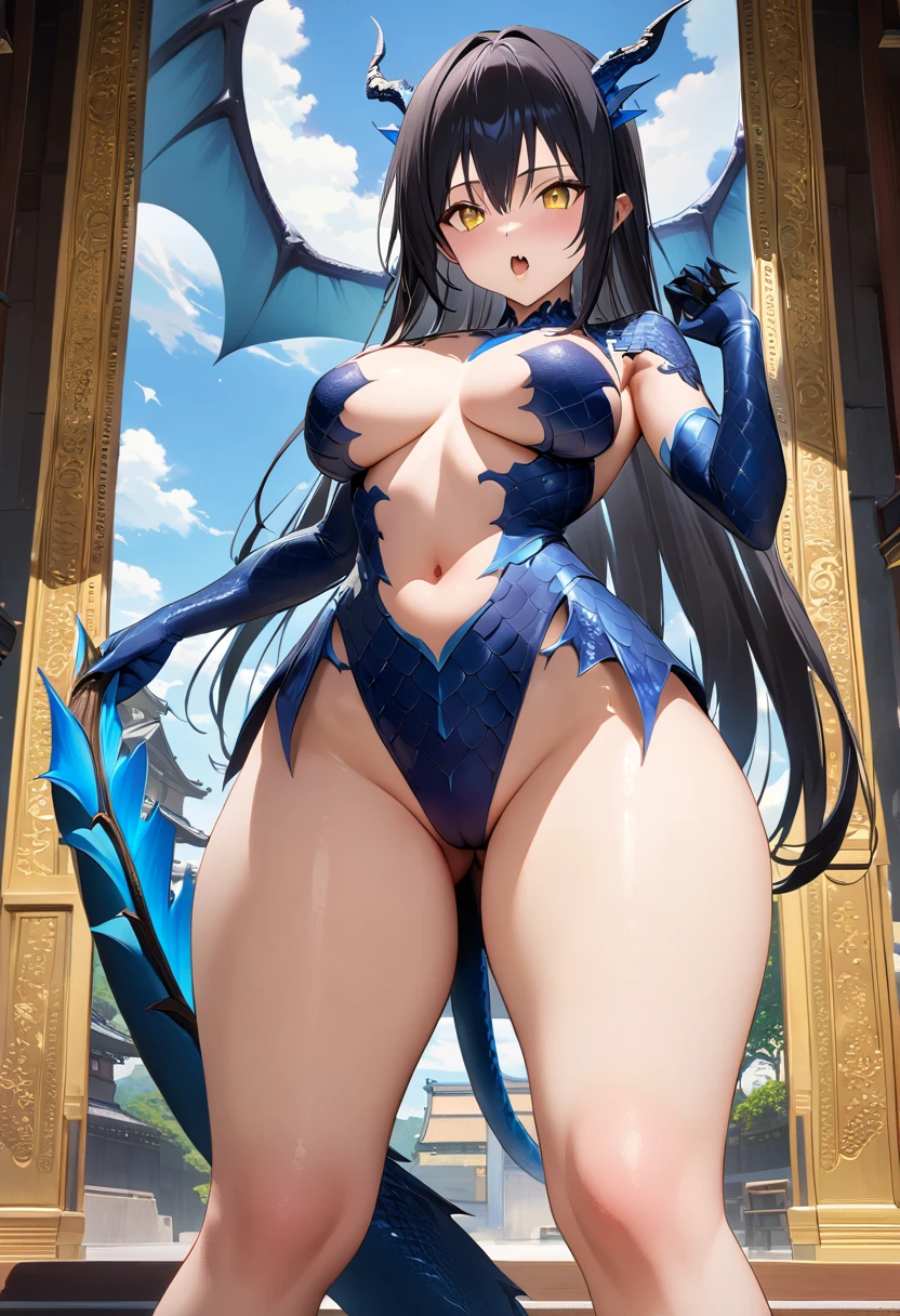 ((Highest quality、unity 8k wallpaper、32k、masterpiece、Very detailed、Ultra-high resolution、Ultra-high resolution、 Very detailedな顔, RAW Photos, Professional, Ultra-fine painting, Anatomically Correct Lizard Girl)) Yui egawa transforms into a Blue Dragon, kotwayui, Long black hair, Yellow Eyes, ((Reptile Eyes))、mouth with sharp fangs,、(From shoulder to collarbone、It is covered with fine scales up to its neck.)、(((In the ass、Juposition, Impressive lizard tail stretching from tailbone to spine))) 、((Dragon legs with sharp claws、Fine blue scales that stretch like socks down to the thighs、Fine blue scales that grow like long gloves、Long nails))、Nipples ay visible、((There are fine scales on the sides、It has fine blue scales growing around its waist..., Scales on the back、Scales from flank to thigh))、(The boundary between the scales and the skin is unclear)、((A small fin on the spine that continues to the tail))、(((Giant blue bat wings growing from the shoulder blades on his back)))