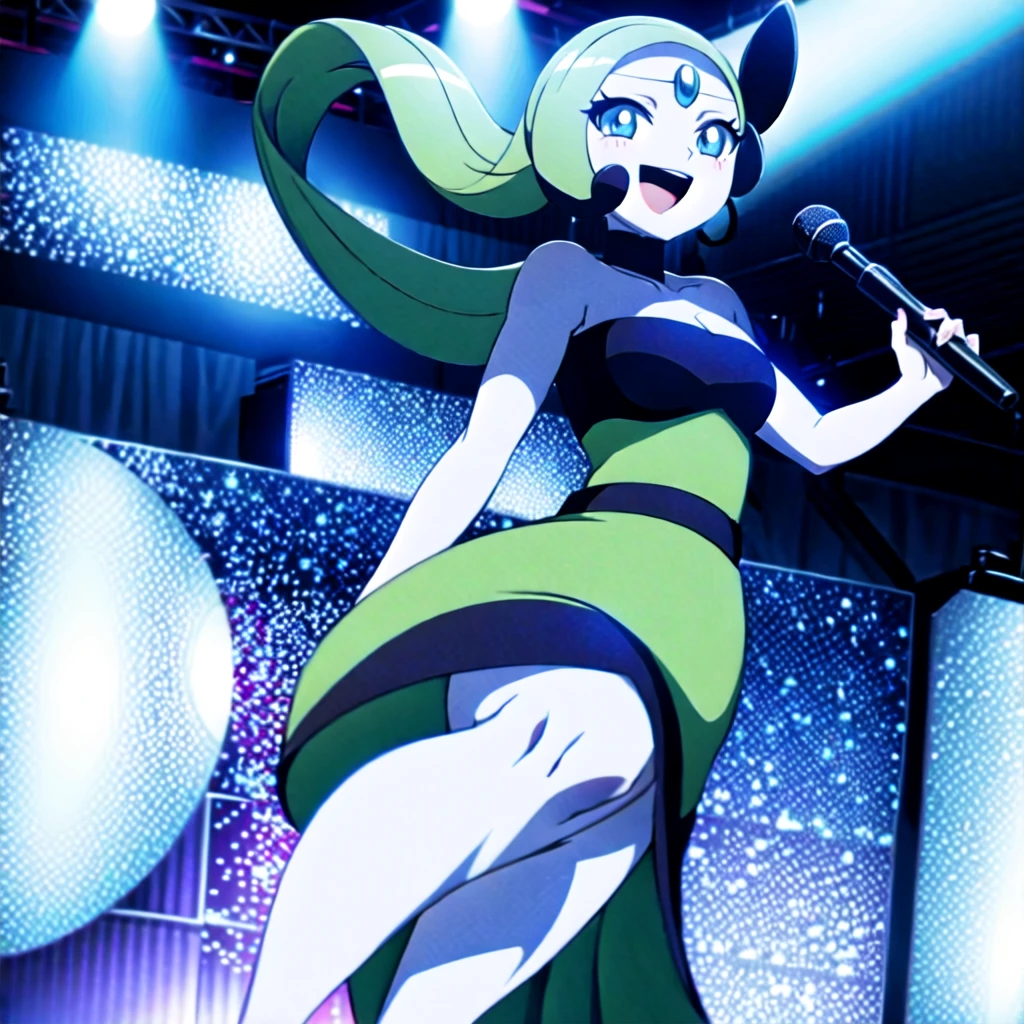 1girl, meloetta, pokemon \(creature\), mobface, blue eyes, chibi, :D, full body, black dress, green waist, concert stage, singing, dancing