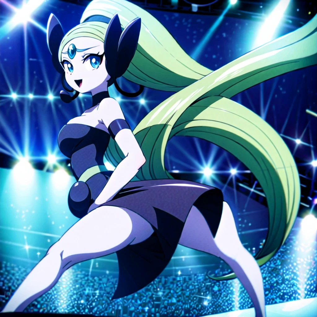 1girl, meloetta, pokemon \(creature\), mobface, blue eyes, chibi, :D, full body, black dress, green waist, concert stage, singing, dancing