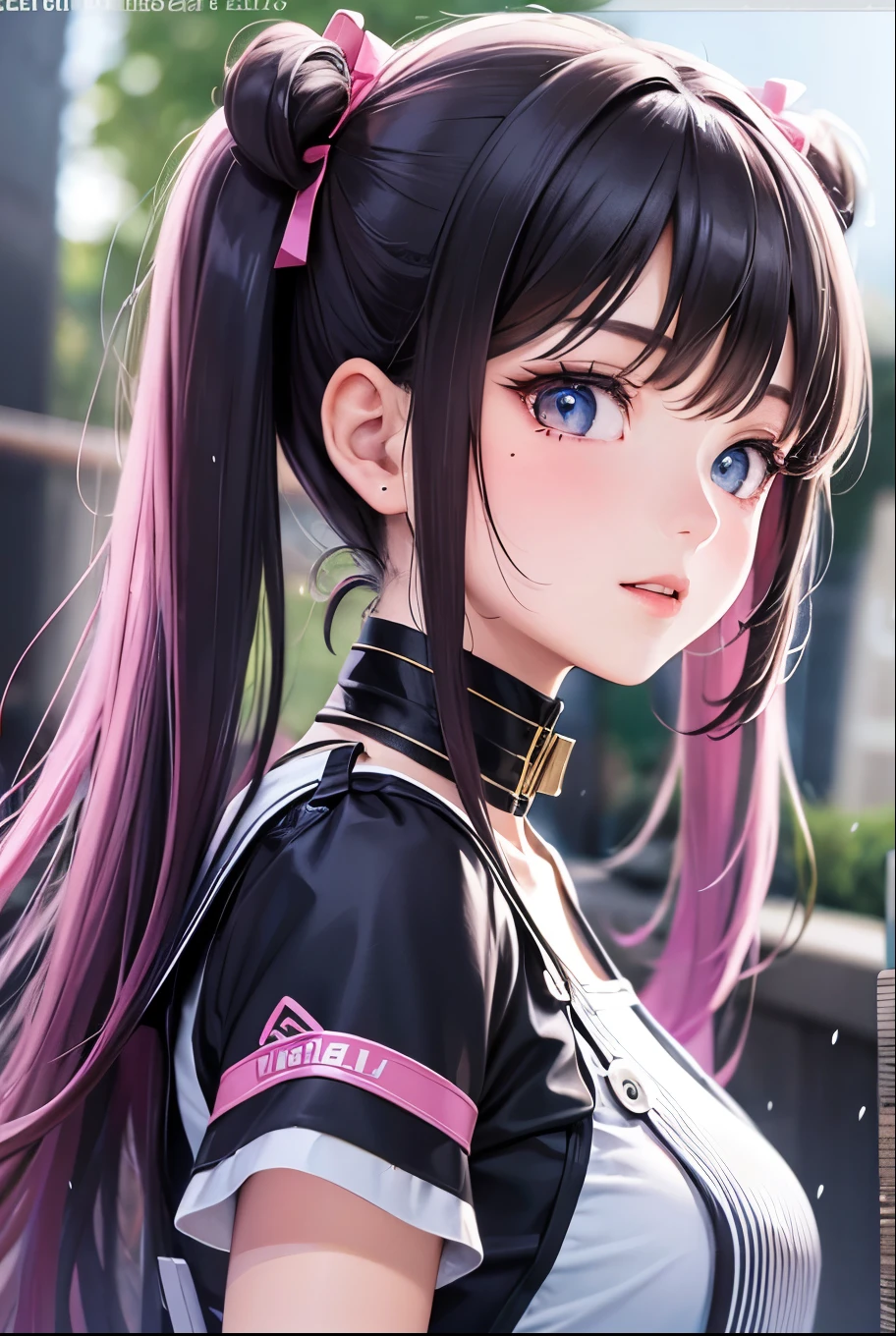 masterpiece, best quality, highly detailed, high resolution, expensive resolution, high resolution, 4k, 8k, uniform 8k wallpaper, highly detailed CG, masterpiece, 2d, 3d, beautiful details, depth, fine texture, best quality: 1.3, perfectly focused, sharp. skin, him, very cute anime girl, her name is Mei, short pigtails, idol, in the rain, expensive pink short pigtails, mole under eye, looking at the viewer, expensive, blush, mole, open lips, pink eyes, heart shaped choker, smiling face