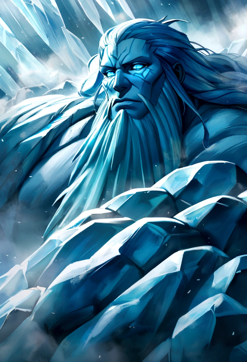 Ymir, the Frost Giant, is an imposing and colossal figure covered in thick, icy blue skin that resembles ancient, frozen glaciers. His massive frame is adorned with rugged, frost-covered armor made of jagged ice and stone, exuding an aura of primordial cold. His hair and beard are long, white, and frost-encrusted, flowing like a blizzard around his fierce, glacier-blue eyes that glow with ancient, frozen fury. His hands are enormous, capable of wielding a massive ice club that shatters anything it strikes. His body is covered in intricate runes of frost magic that pulse with a chilling light, and his breath is a freezing mist that chills the air around him. Ymir's presence is a living embodiment of the brutal, unyielding power of the frozen north