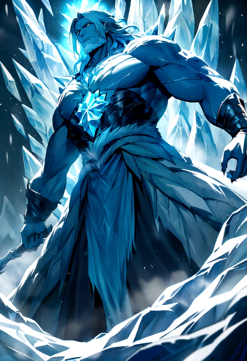 Ymir, the Frost Giant, is an imposing and colossal figure covered in thick, icy blue skin that resembles ancient, frozen glaciers. His massive frame is adorned with rugged, frost-covered armor made of jagged ice and stone, exuding an aura of primordial cold. His hair and beard are long, white, and frost-encrusted, flowing like a blizzard around his fierce, glacier-blue eyes that glow with ancient, frozen fury. His hands are enormous, capable of wielding a massive ice club that shatters anything it strikes. His body is covered in intricate runes of frost magic that pulse with a chilling light, and his breath is a freezing mist that chills the air around him. Ymir's presence is a living embodiment of the brutal, unyielding power of the frozen north