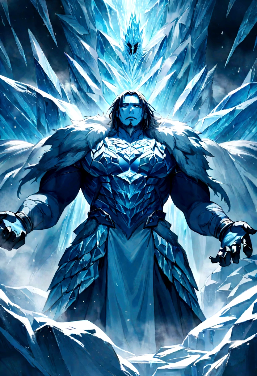 Ymir, the Frost Giant, is an imposing and colossal figure covered in thick, icy blue skin that resembles ancient, frozen glaciers. His massive frame is adorned with rugged, frost-covered armor made of jagged ice and stone, exuding an aura of primordial cold. His hair and beard are long, white, and frost-encrusted, flowing like a blizzard around his fierce, glacier-blue eyes that glow with ancient, frozen fury. His hands are enormous, capable of wielding a massive ice club that shatters anything it strikes. His body is covered in intricate runes of frost magic that pulse with a chilling light, and his breath is a freezing mist that chills the air around him. Ymir's presence is a living embodiment of the brutal, unyielding power of the frozen north