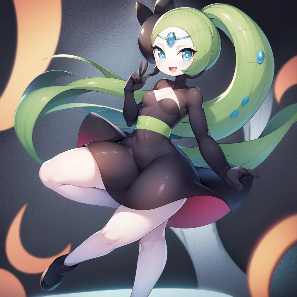 1girl, meloetta, pokemon \(creature\), mobface, blue eyes, chibi, :D, full body, black dress, green waist, concert stage, singing, dancing