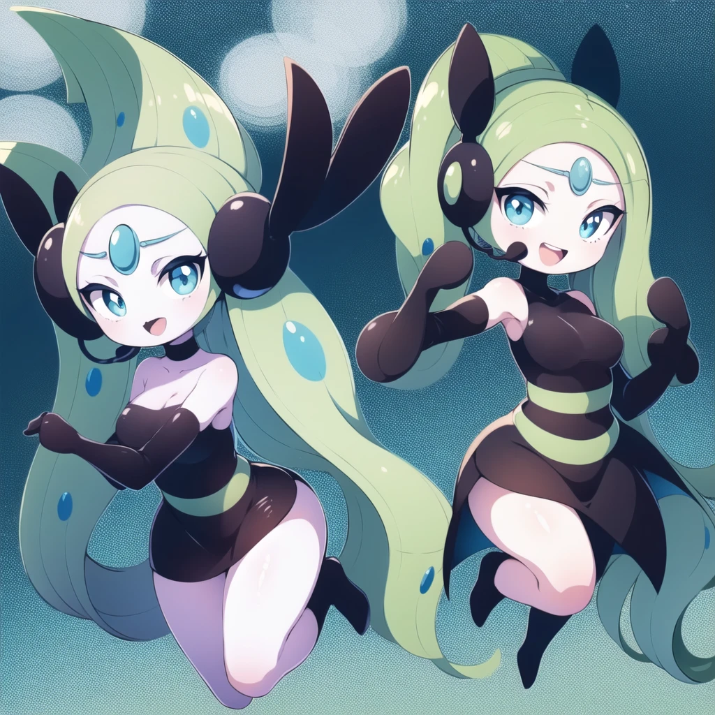 1girl, meloetta, pokemon \(creature\), mobface, blue eyes, chibi, :D, full body, black dress, green waist, concert stage, singing, dancing