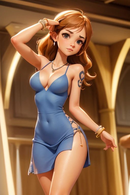 (masterpiece), best quality, expressive eyes, perfect face, front lighting, (inside dance party with light beams and crowd background), (dancing), (seductive look), (cleavage view), (1girl, Nami, 18 years old, orange hair, long hair, wavy hairstyle, brown eyes, hourglass figure, left shoulder tattoo, skinny body, thin body, petite_body, small breasts, wide hips, thick thighs), (light-blue v-neck strap dress, sleeveless, expossed cleavage, jewelry, necklace, bracelets, earrings), 