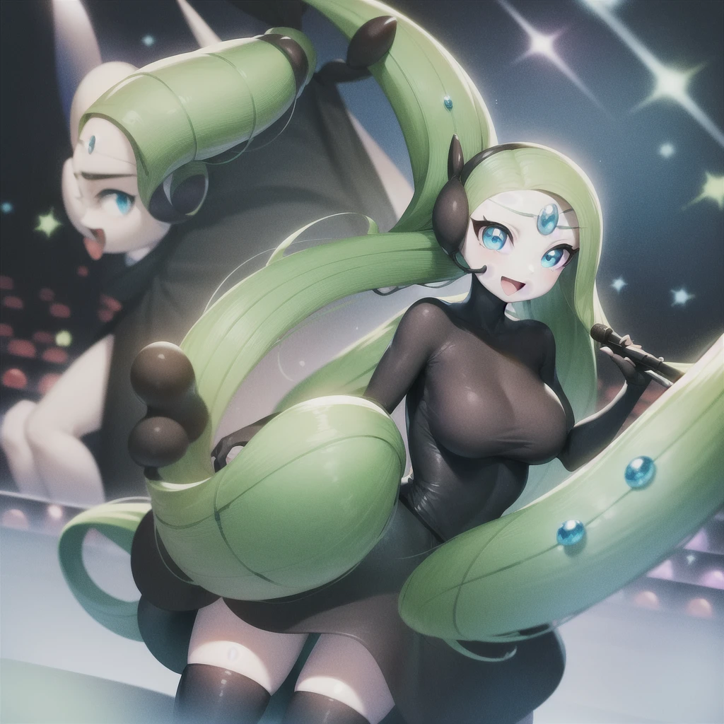 1girl, meloetta, pokemon \(creature\), mobface, blue eyes, chibi, :D, full body, black dress, green waist, concert stage, singing, dancing