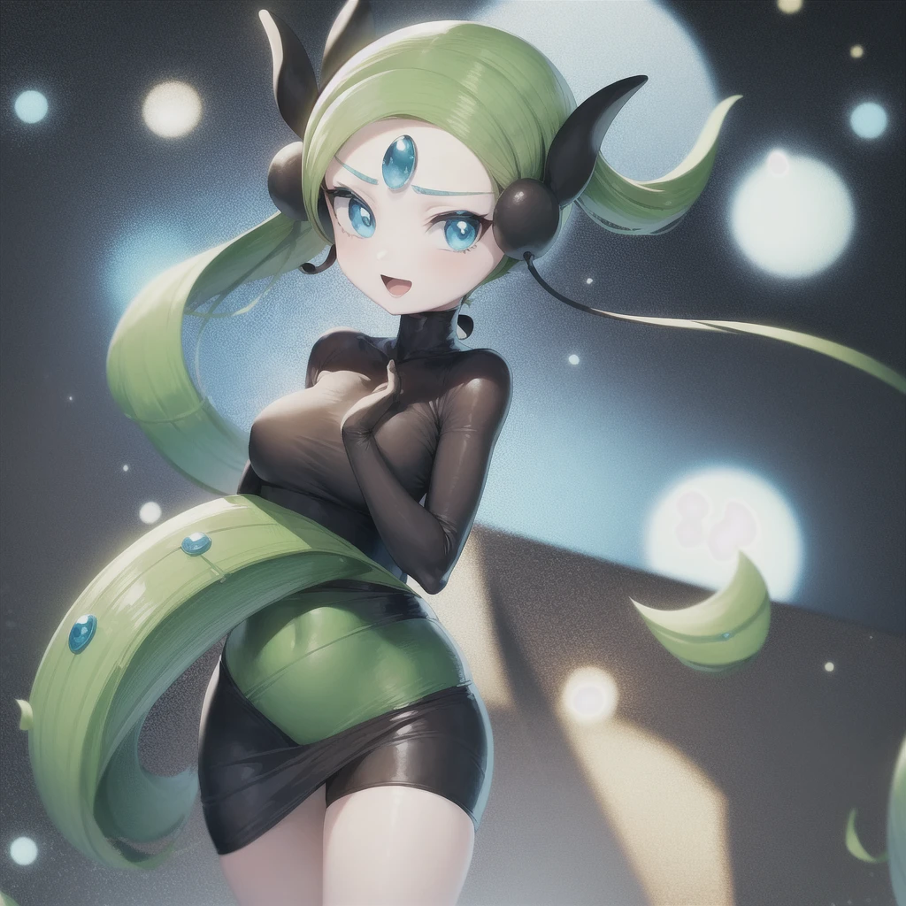 1girl, meloetta, pokemon \(creature\), mobface, blue eyes, chibi, :D, full body, black dress, green waist, concert stage, singing, dancing