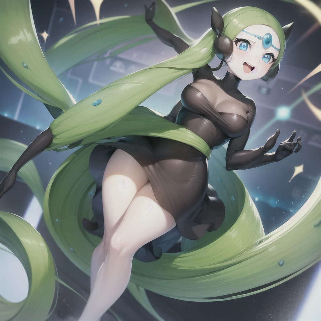 1girl, meloetta, pokemon \(creature\), mobface, blue eyes, chibi, :D, full body, black dress, green waist, concert stage, singing, dancing