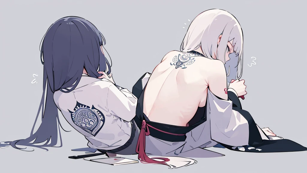 Woman sitting with her back turned,Large Japanese style tattoo on the back,Fluttering back,Take off your top,force,cool,Gray background