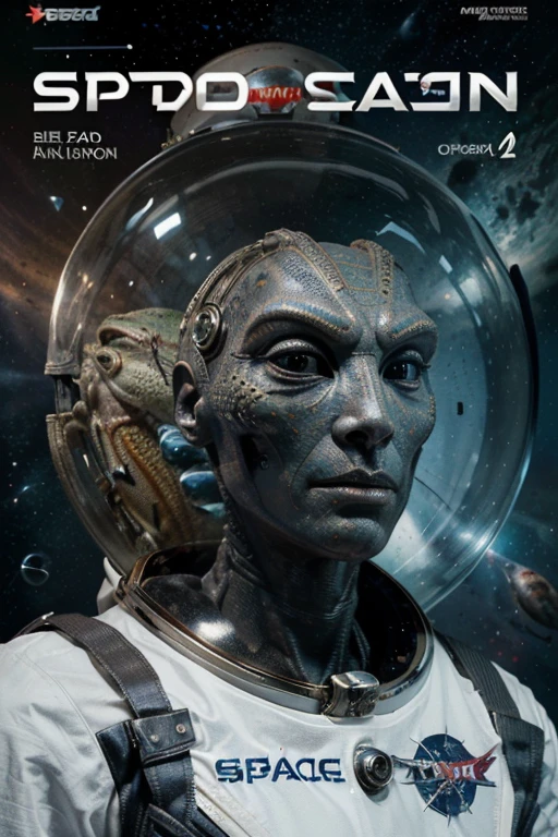 Deluxe edition science fiction magazine cover, ((below an alien face of a humanoid with features of a lizard and fish)), ((on the right side, an astronaut in spacesuits)) , ((left a face of a captain with a captain&#39;s hat wearing a white and blue uniform he is bearded, plump and chubby)), ((above centered a technological spaceship, in the background a universe and its galaxies)).