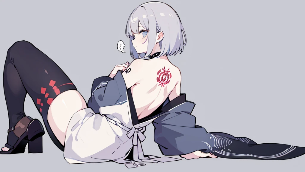 Woman sitting with her back turned,Large Japanese style tattoo on the back,Fluttering back,Take off your clothes,force,cool,Gray background