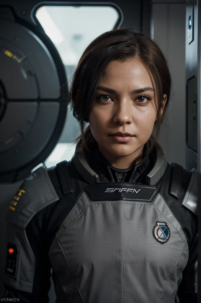 fking_scifi, award-winning photo of a man, black flight suit with yellow accents, brown hair, (gray eyes:1.35), square jawline, asymmetric face, standing in front of a window on a space ship, 80mm, bokeh, mass effect, close up, fking_cinema_v2