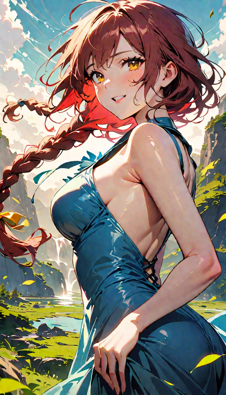 (highest quality:1.2), Very detailed, Vibrant, digital coloring, High Contrast, (masterpiece:1.2), highest quality, Best aesthetics, 1 female, red Hair, (long single braid:1.5), (messy hair:0.8), lemon yellow eyes, (((Blue Dress:1.2))), backless dress, (fantasy landscape:1.4), Bright lighting, Beautiful world, New World, Blown by the gentle wind, (hot gaze, Hot, Glossy, Open Mouth, Leaking sigh), Accurate, Textured skin, Cowboy Shot, seductive smile, The beauty and danger of growing from a girl to an adult, A symbol of miraculous beauty