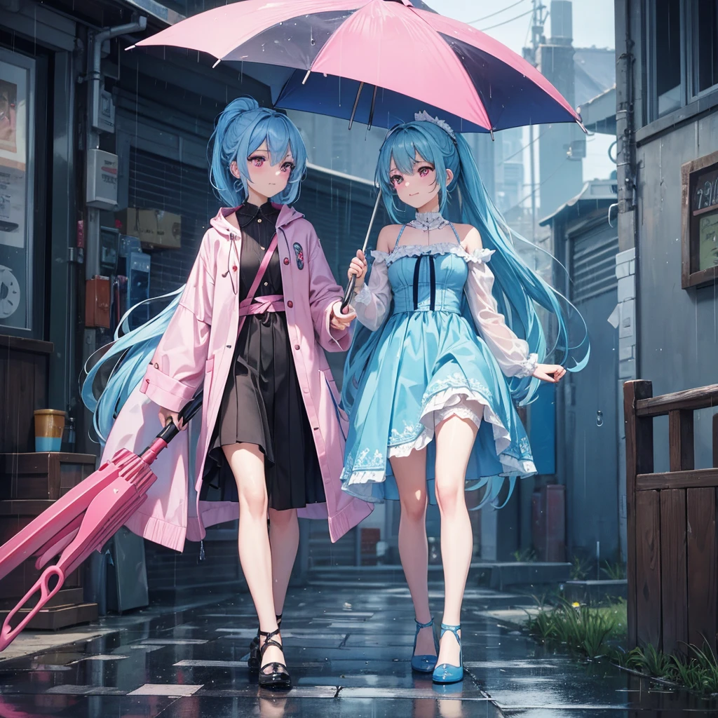 sky Blue hair, (braided ponytail),(pink eyes),fair skin ,(full body),(1 girl),smile,Straight Bangs,(masterpiece, best quality, ultra-detailed, best shadow), (detailed background), (beautiful detailed face), high contrast, (best illumination, an extremely delicate and beautiful), ((cinematic light)), colorful, hyper detail, dramatic light, intricate details,Walking in the rain with an umbrella,noon,colorful umbrella,bright, Raindrops, sun shower,