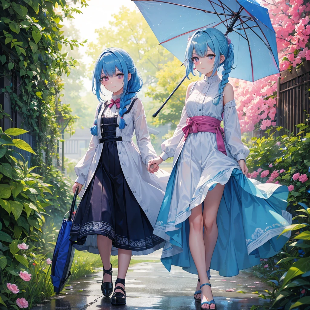 sky Blue hair, (braided ponytail),(pink eyes),fair skin ,(full body),(1 girl),smile,Straight Bangs,(masterpiece, best quality, ultra-detailed, best shadow), (detailed background), (beautiful detailed face), high contrast, (best illumination, an extremely delicate and beautiful), ((cinematic light)), colorful, hyper detail, dramatic light, intricate details,Walking in the rain with an umbrella,noon,colorful umbrella,bright, Raindrops, sun shower,