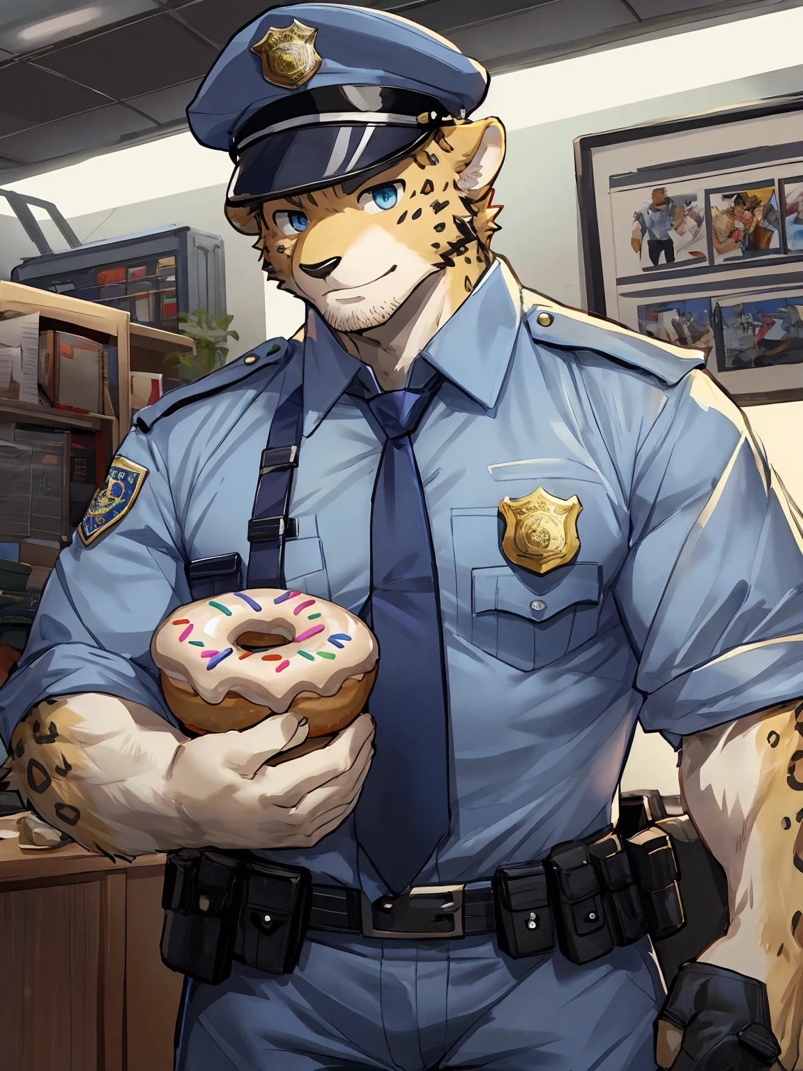 embedding：Leopard,Pale blue eyes,Single Person,Male,Chief of police,Wearing a police uniform,Wearing a police cap,At the police station，modern，Eat a doughnut.Stubble,Mature ，muscle，Maturity,Best quality hands, best quality eye，detailed fur，Delicate eyes.Extreme picture quality，by sollyz,by zixiong,by milkytiger1145