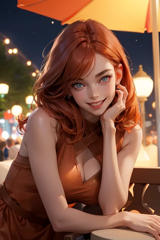 perfect face, perfect hands. A copper haired woman with copper eyes and small breasts in a summer dress is smiling while leaning forward with a big smile at night in the park