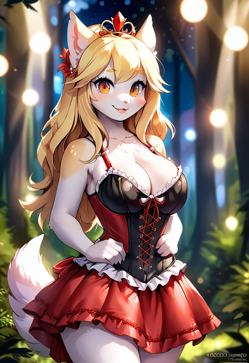 the overall theme and style should feel like. a hybrid of fairytale and Science Fiction. extremely beautiful model, female, long blonde hair, perky breasts, cleavage,, oppulentform fitting hooped skirt, red corset, large exagerated extravagant tiara. Wide Smile, Eyes Detailed & Wide, sexy Pose. Ultra HD, Rococo-Inspired Fantasy Art With Intricate Details. Cute, Charming Expression, Alluring-Gaze, looking at viewer Beautiful Eyes, An-Ideal-Figure. Large Youthful Well-Shaped-Breasts, Attractive ass showcased. Massive-Round-Bosom, Décolletage. slim waist, fit body, full lipsWarm lights , woman in a dreamy forest at night, with fluffy hair, delicate face, realistic, real, slim, large aperture, sexy shots, attractive poses,Stunnin gly beautiful merge of , Alison Brie, Scarlett Johanson, Dove Cameron. symmetrical face, photorealistic, photography, path tracing, specular lighting, volumetric face light, path traced hairmaximum quality{(masutepiece) (8K High Resolution) (top-quality)