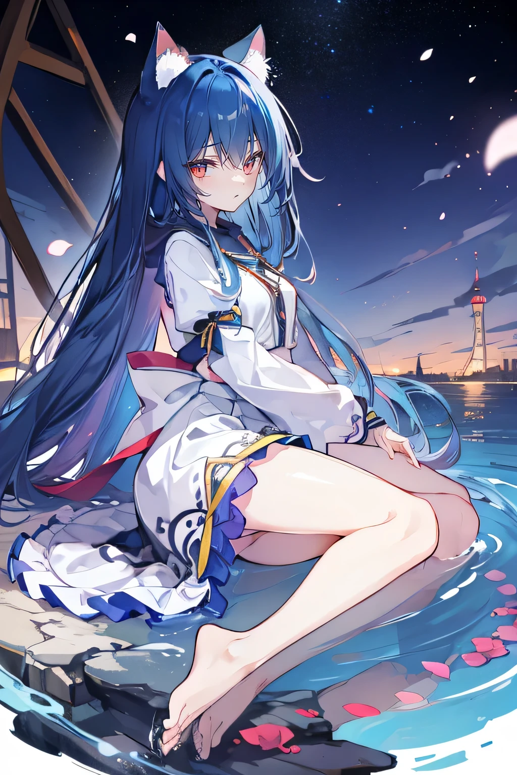 (masterpiece:1.2),Super detailed,lifelike,Expressive eyes,fair skin,perfect face shape,1 girl,
Japanese comics,Gorgeous blue hair,flowing blue hair,flowing clothes,Cat ears,Petals fall,beautiful lola,Baby Angel,
Shaking head with one hand,Cross your legs,Gentle and peaceful background,The pavilion is cool and comfortable,smile, wearing hoodie, background of tokyo,back views,snowing, winter,lie on the water,Lying on the ground。Dark blue gradient hair,asymmetrical hair,((Hair is very thick 1.8,Chiseled hair 1.6)), Hair over the shoulders, Messy hair, Very long hair, shiny hair,(long dark blue hair:1.2),A beautiful girl,(Transparent clothes transparent 1.8),Perfect body,Big thin legs,slender,(Looks very sad,Looks haggard ,sadness,shut your mouth:1.2) Against the backdrop of an unusually bright dark starry sky,(Put your hands behind your back),(round,Room, Strong breasts),barefoot,float,water surface,(long legs,long legs,long legs,Complete)