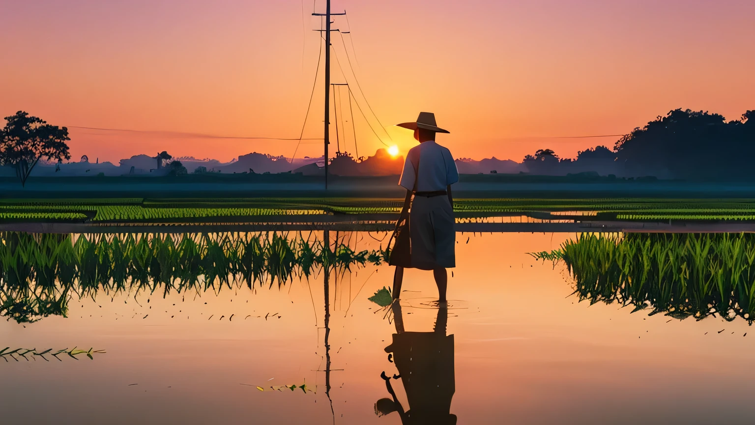 Digital Illustration, In the vibrant sunset、Farmer tending to rice field, The pink and orange sky is reflected on the flooded terrace, Art Style: watercolor, Art inspiration: Studio Ghibli, camera: 35mm, shot: ミディアムshot, Rendering-related information: High resolution, Soft Light, Color Splash, beautiful