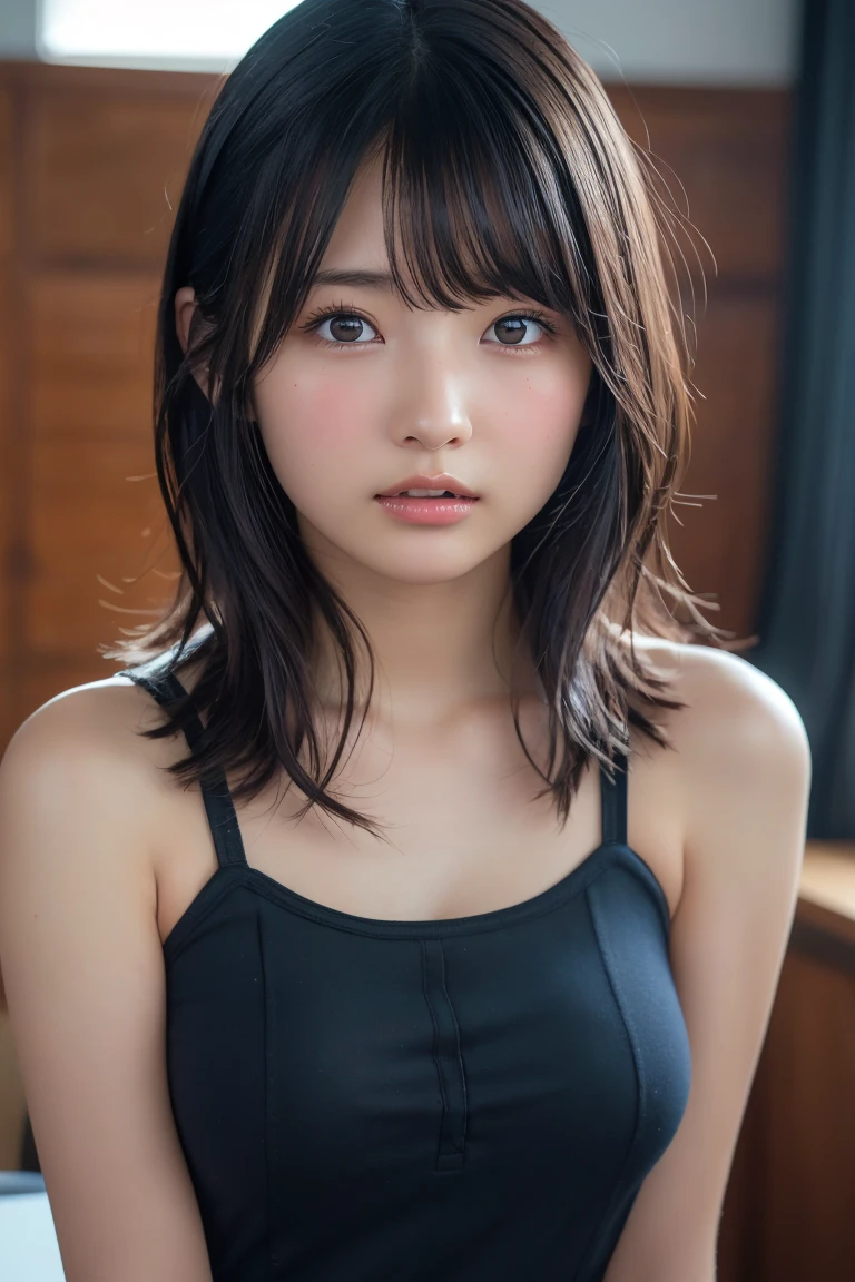 ((Upper Body:1.3)).Blown by the long wind [Blue-black:.3] hair,Looking at the audience, (Tabletop:1.3), (8K, Realistic, RAW Photos, Highest quality: 1.4), Japanese, (1 Girl), Beautiful Face, (Realistic face),{Wavy medium hair|Front hair long bob|short hair with long bangs}{Black hair|Brown hair|Blonde hair}, Beautiful hairstyle, Realistic eyes, Beautiful and beautiful eyes, (Realistic skin), Beautiful Skin, charm, Ultra-high resolution, Surreal, Very detailed, Golden Ratio,Female student、shame(Blushing:1.3),Upper Bodyは裸、Nipples sticking out