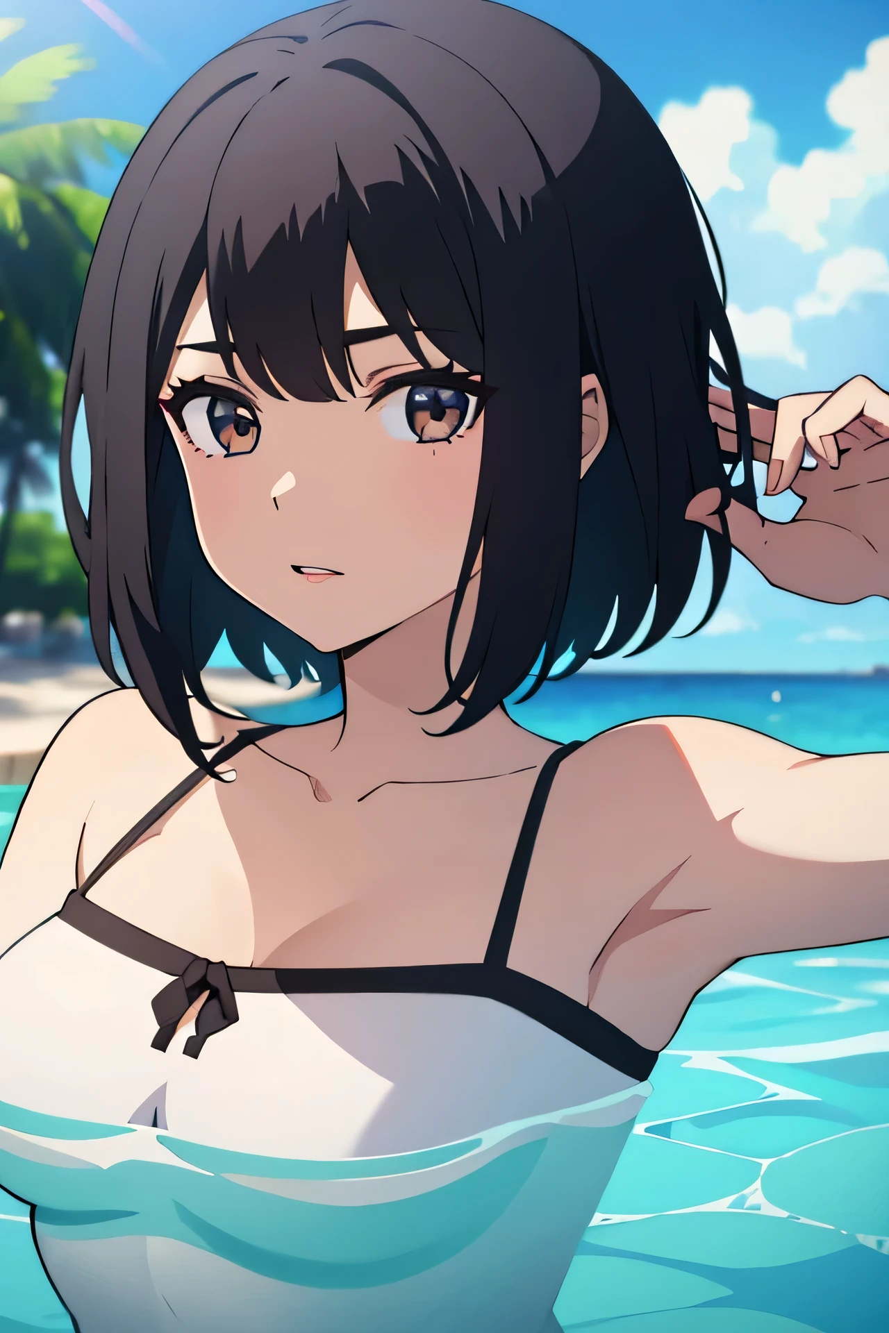 [anime styled]],[[digitalart]],nsfw,Tomomi_saikyou,black hair,Short hair,Hair Ribbon,swimming wear,sandy beach,summer,midium build,,NSFW,1girl in,short torso,anime screen cap,cel shading,smile, (strong light)、((brighten the subject)),