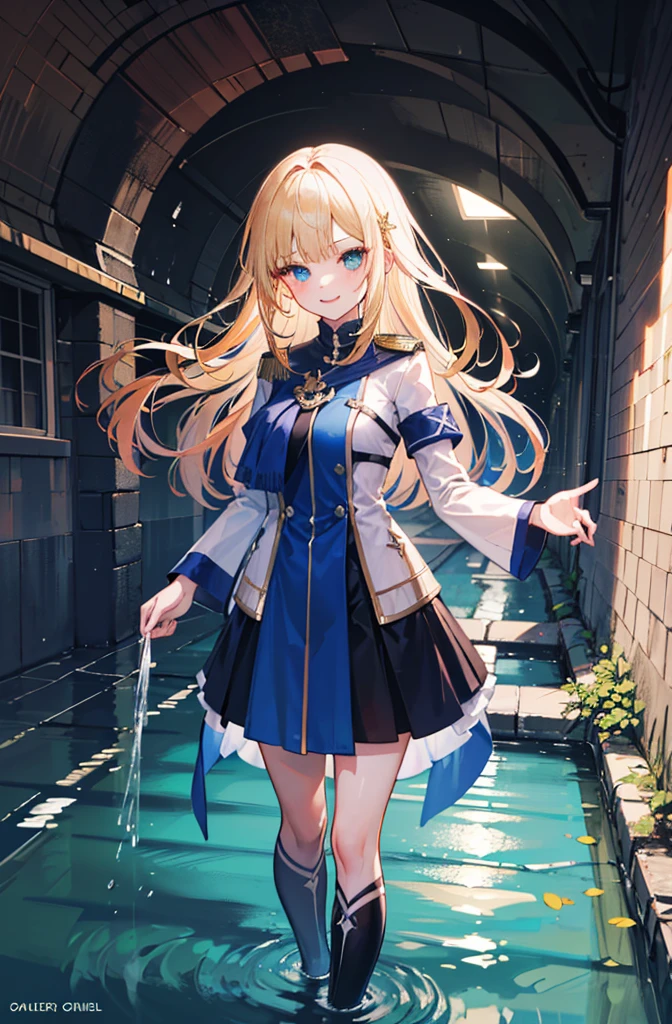 (Standing painting: 1.2) + (1girl:1.5)+ golden hair + princess cut + white knight uniform + detailed eyes and nose + deep blue eyes +  white battle uniform + domineering, masterpiece, best quality,evil smile,holy,((underground waterway background)),adult,underground waterway,((dark place)),((dark place)),((dark place)),((dark place)),((Dark underground canals where light does not reach)),