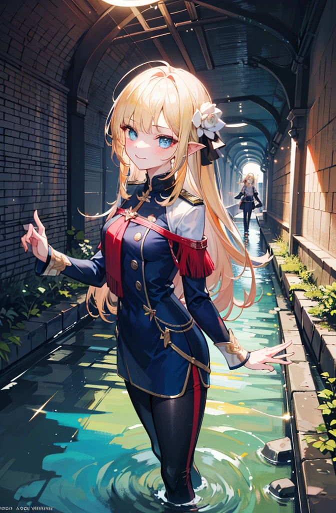 (Standing painting: 1.2) + (1girl:1.5)+ golden hair + princess cut + white knight uniform + detailed eyes and nose + deep blue eyes +  white battle uniform + domineering, masterpiece, best quality,evil smile,holy,((underground waterway background)),adult,underground waterway,((dark place)),((dark place)),((dark place)),((dark place)),((Dark underground canals where light does not reach)),